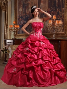 Pick-ups Appliques Strapless Coral Red Quinceanera Dress