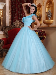 A-line One Shoulder Light Blue Quinceanera Dress Tulle Ruch