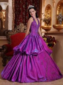 Halter Taffeta Appliques Purple Quinceanera Dress Ball Gown