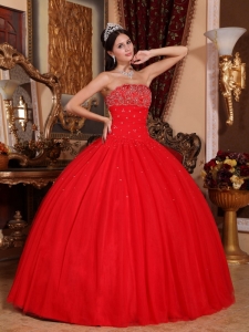 Strapless Tulle Beading Red Quinceanera Dress Ball Gown