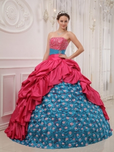Strapless Taffeta Beading Quinceanera Gown Red and Blue