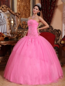 Tulle Appliques Beading Quinceanera Dress Rose Pink