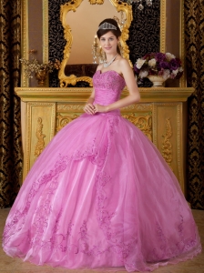 Rose Pink Sweetheart Appliques Organza Quinceanera Dress