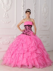 Strapless Appliques Ruffles Rose Pink Quinceanera Dress