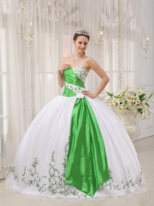 Sweetheart White and Green Embroidery Quinceanera Dress