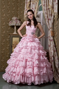 Beaded Ruffled Layers Pink Quinceanea Dress One Shoulder