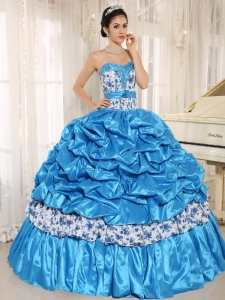 Printing Beaded Pick-ups Aqua Blue Quinceanera Gown Dress