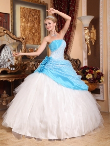 Handle Flowers Beaded Quinceanera Ball Gown White and Aqua