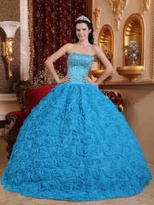 Rolling Flowers Quinceanera Dress Teal Ball Gown Beading