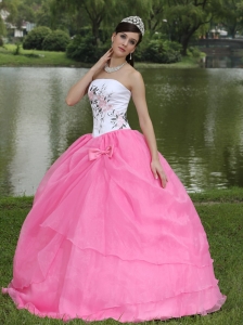 Embroidery Pink and White Sweet Sixteen Dress Bowknot