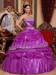 Purple Ball Gown Ruched Appliques Quinceanera Dress Organza