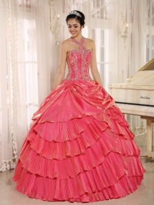 Halter Beaded Pleat Quinceanera Dress Gowns Watermelon Red