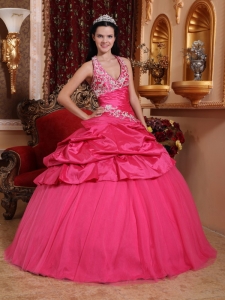 Halter Ball Gown Appliques Hot Pink Quinceanera Dresses