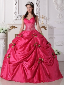 Straps Beaded Hot Pink Quinceanera Dress Ball Gown