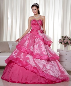 Hand Made Flower Hot Pink Beading Quinceanera Ball Gown