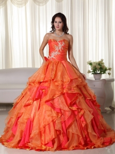 Layers Orange Red Ball Gown Appliques Quinceanera Dresses