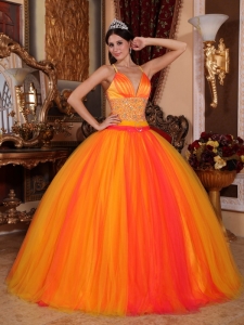 V-neck Beaded Quinceanera Dress Orange Red Ball Gown