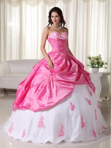 Pink and White Appliques Quinceanera Dress for Sweet Fifteen