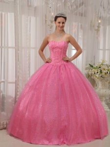 Sequined Rose Pink Beading Sweet 15 Quinceanera Dresses