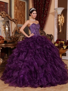 Sequins Ruffles Quinceanera Dress Organza Ball Gown Purple