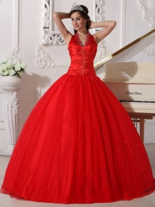 Red V-neck Halter Beading Quinceanera Dresses Ball Gown