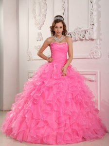 Ruffled Layers Beaded Flowers Rose Pink Quinceanera Ball Gown