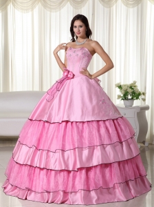 Layered Ruffles Rose Pink Quinceanera Gown Dress Beaded