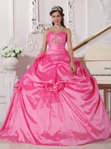 Hand Made Flowers Quinceanera Dress Rose Pink Beaded Gown