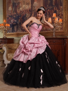 Hand Flowers Rose Pink and Black Quinceanera Ball Gown