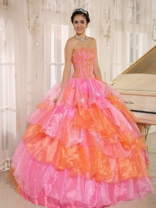 Ruffled Appliques Rose Pink and Orange Quinceanera Dress