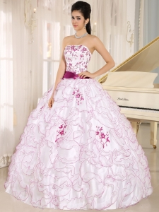 White and Fuchsia Ruffles Quinceanera Dress Embroidery