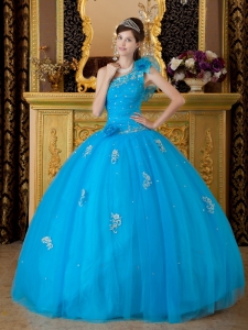 One Shoulder Appliques Teal Quinceanera Dress Flowers Beaded