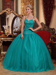 Spaghetti Straps Turquoise Quinceanera Ball Gown Beaded