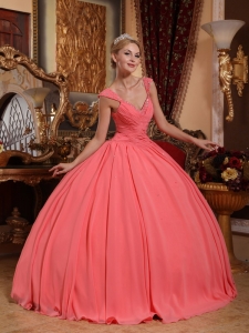 V-neck Beaded Watermelon Quinceanera Dress Ball Gown