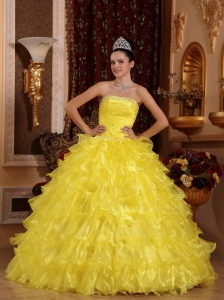 Ruffles Bright Yellow Organza Beaded Quinceanera Ball Gown