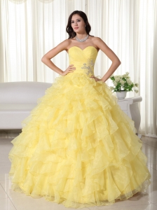 Ruffles Beaded Ball Gown Appliques Quinceanera Dress Yellow