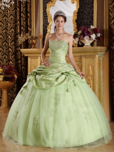 Beading Flowers Yellow Green Ball Gown Quinceanera Dress