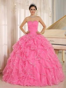 Ruffles Beaded Rose Pink Sweet Sixteen Quinceanera Dress