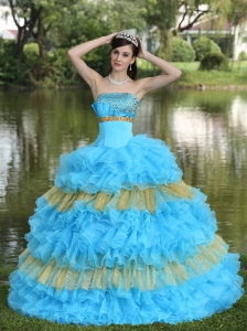 Dress for Quinceanera Beaded Sequins Aqua Blue Yellow Tiered