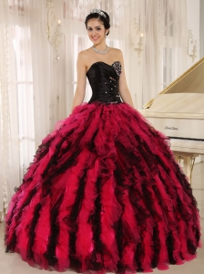 Beaded Ruffled Quinceanera Dress Black and Red Sweetheart