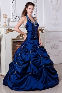 Pick-ups Quinces Dress Royal Blue Taffeta Embroidery Halter