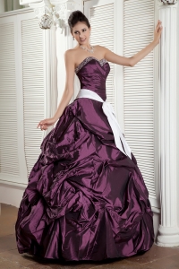 Sash Quince Dress Dark Purple Ball Gown Sweetheart Taffeta