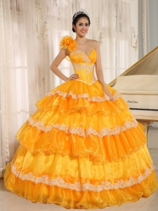 Dress for Quince One Shoulder Appliques Ruffled Layers Orange
