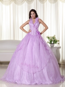 Lavender Halter Quinceanera Dress Chiffon Embroidery Beaded