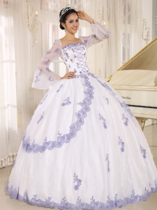 Lilac White Embroidery Organza Square Long Sleeves Ball Gown