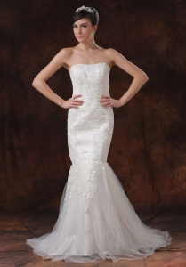 Trumpet Wedding Dress Lace Tulle Strapless Sweep Train