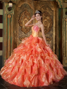 Orange Ruffled Quinceanera Dress Ball Gown Strapless Beading