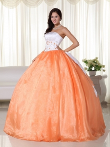 Organza Quinces Dress Ball Gown Strapless Orange Embroidery