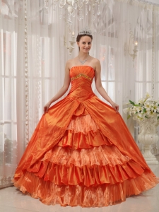 Orange Ball Gown Quinces Dress Strapless Taffeta Ruffles