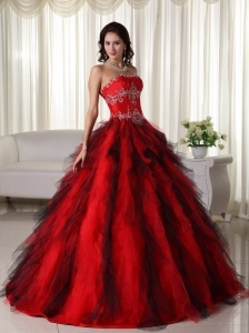 Ball Gown Quinceanera Dress Red Strapless Tulle Appliques